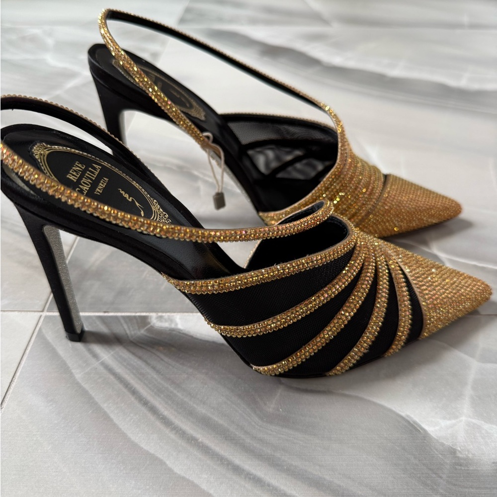 Rene Caovilla Black and Gold Crystal Strappy Pointed Slingback Heels - Picture 3 of 6